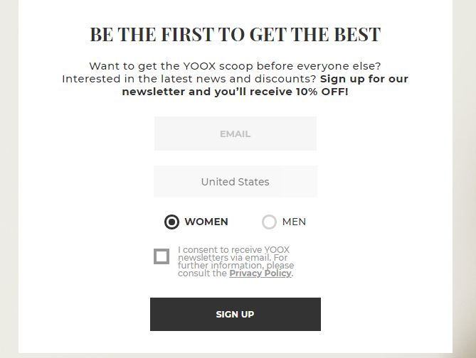 yoox 10% off sign up discount